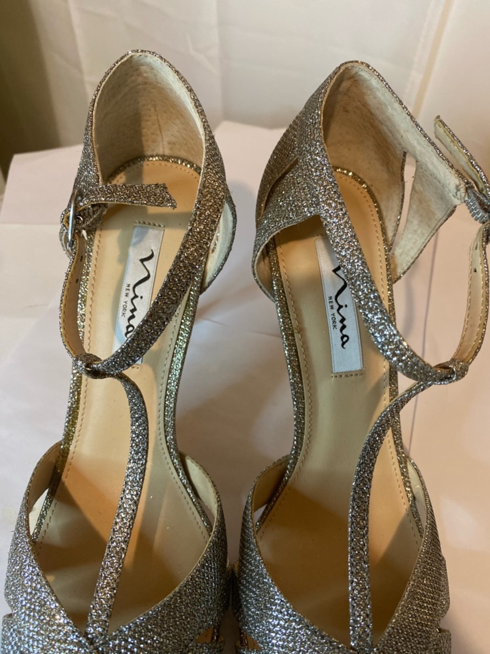 Nina Glitter T-Strap Peep-Toe Heels in Silver - Picture 10 of 16
